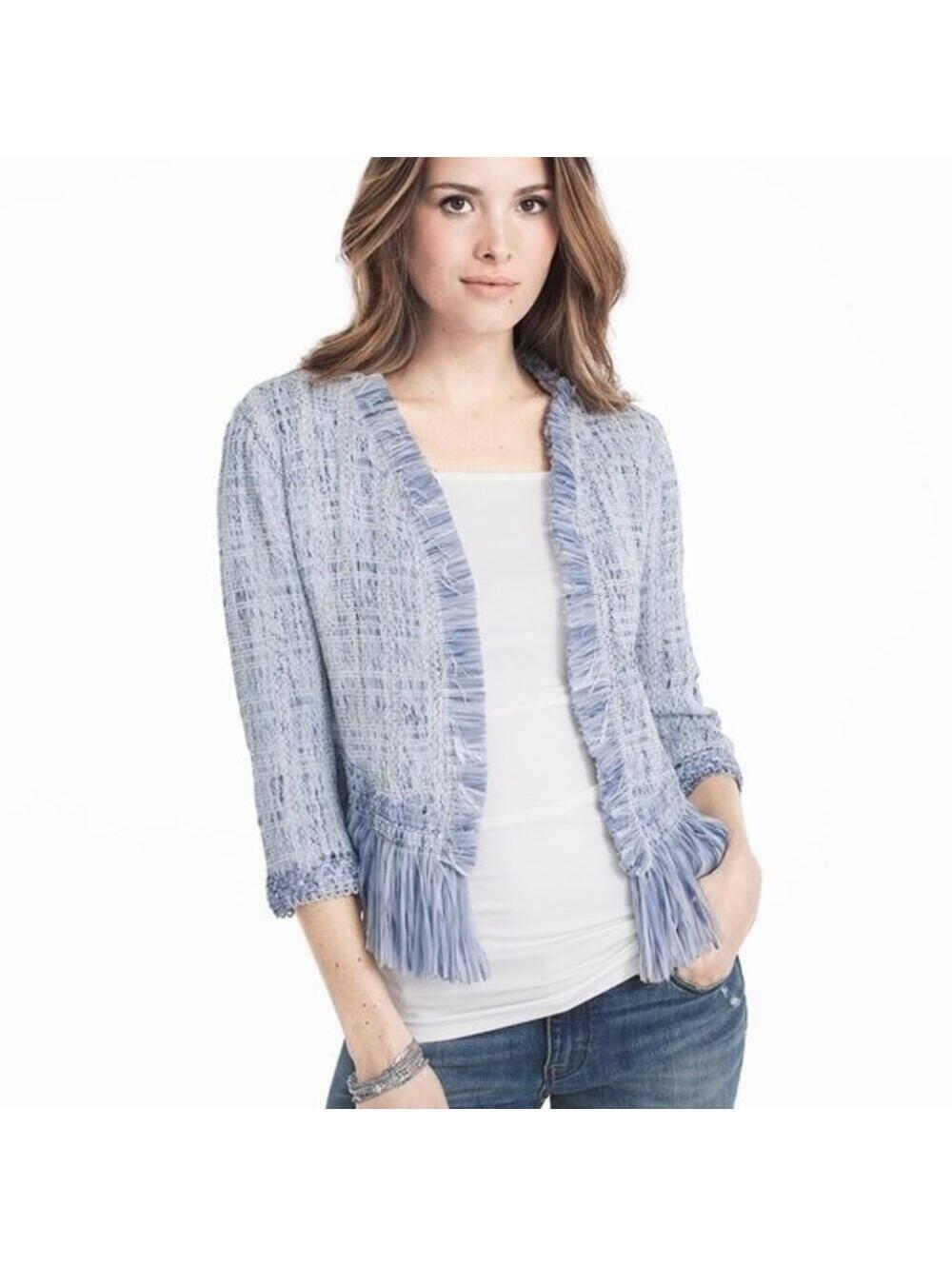 White House Black Market Fringe Sweater Jacket baby blue white Small - Picture 2 of 9